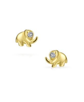 Tiny Minimalist CZ Accent Zoo Animal Lucky Elephant Yellow 14K Gold Stud Earrings Screw-back