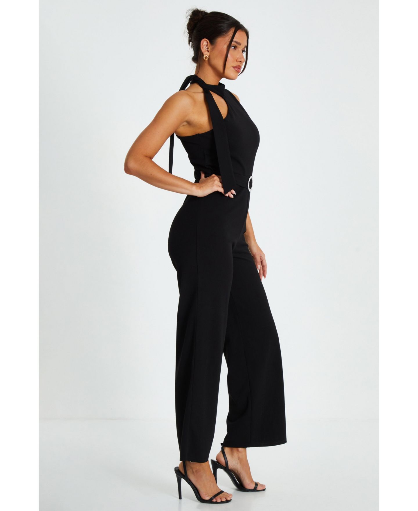 Женский комбинезон QUIZ Scuba Crepe Tie Neck Palazzo Jumpsuit, цвет: Чёрный — фото 3