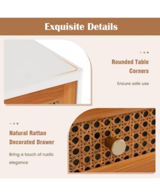 Rattan Nightstand Mid Century Modern Accent Table with Drawer-White
