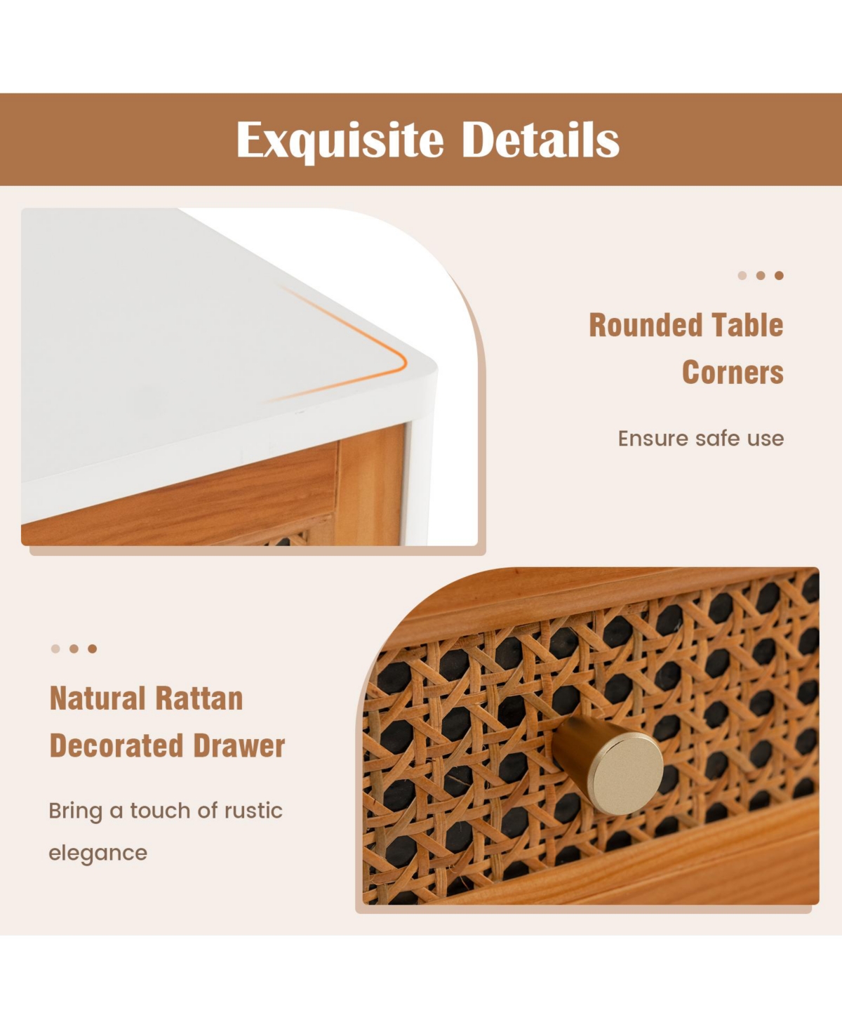 Slickblue Rattan Nightstand Mid Century Modern Accent Table with Drawer-White