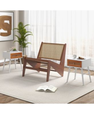 Rattan Nightstand Mid Century Modern Accent Table with Drawer-White