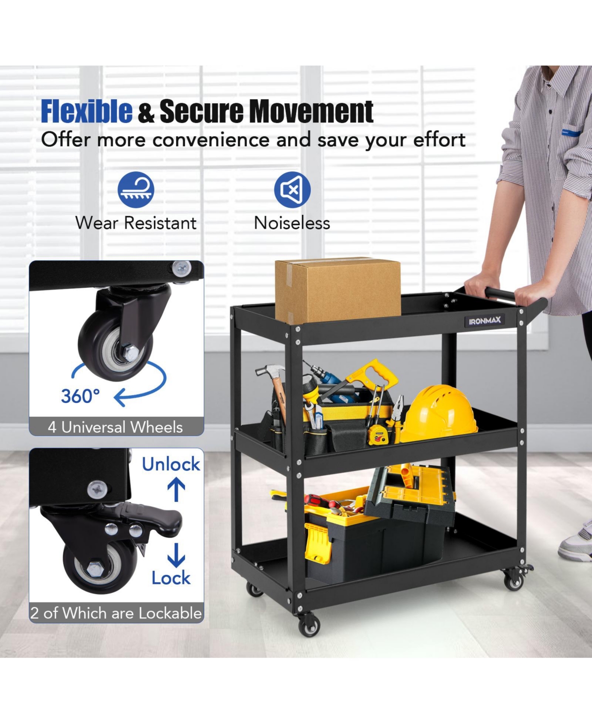 Slickblue 3-Tier Rolling Tool Cart with Spacious Shelves 4 Universal Wheels and 2 Brakes