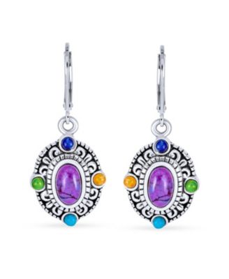 Western Style Multicolor Purple Natural Turquoise Oval Framed Dangle Lever Back Earrings Oxidized Sterling Silver