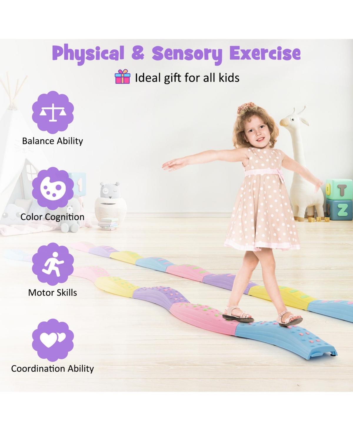 Slickblue Colorful Kids Wavy Balance Beam with Textured Surface and Non-slip Foot Pads - Pink  purple