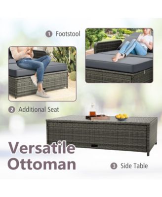 Patio Wicker Loveseat Sofa with Multipurpose Ottoman and Retractable Side Tray