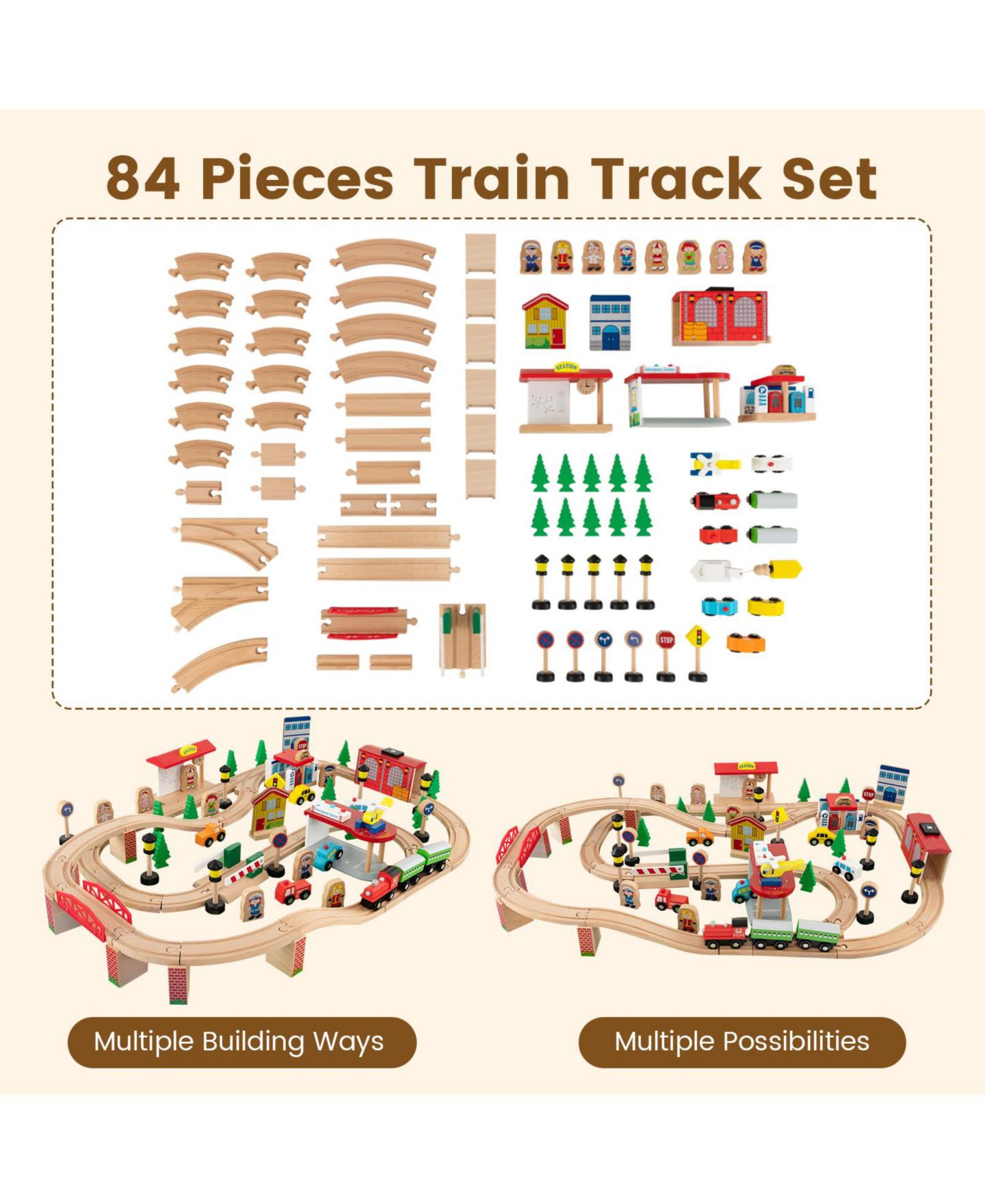 Детский конструктор Slickblue 84-Piece Wooden Train Building Set, Ages 3+, цвет: Натуральный — фото 8