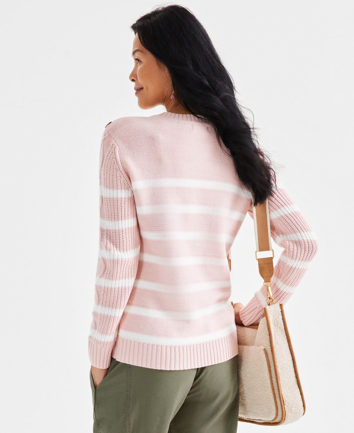 Style & Co Petite Striped Cable-Knit Button-Trim Sweater, Created for Macy's