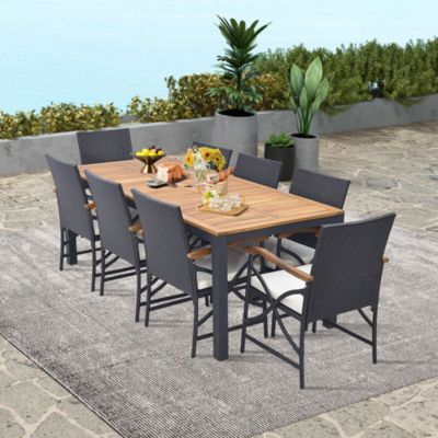 9 PCS Patio Rattan Dining Set with Acacia Wood Table, Cushions, 1.9" Umbrella Hole