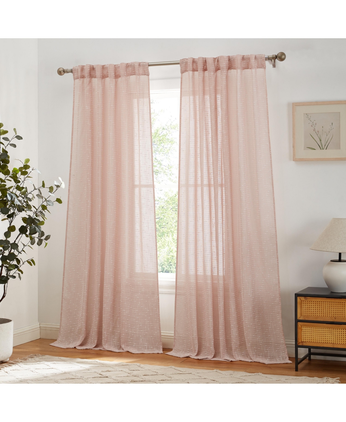Emily Faux Linen Semi Sheer Transparent Rod Pocket Back Tab Lightweight Window Curtains Wide Panels, Pair - Blush pink