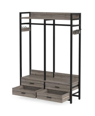 Freestanding Closet Organizer for Hanging Clothes, Heavy Duty Garment Rack with 4 Drawers, 8 Hooks and Storage Shelves