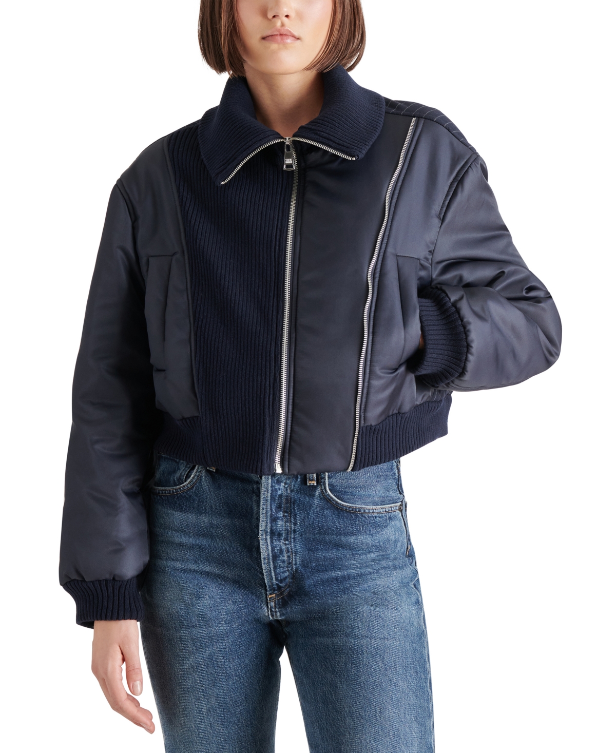 Steve Madden Women's Storm Mixed-media Bomber Jacket In Midnight