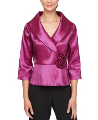 Alex Evenings - Petite Shawl-Collar Rosette-Trim Top