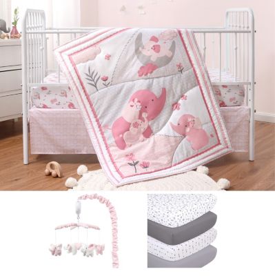 Pink Elephant 8 Piece Baby Nursery Crib Bedding Set, Quilt, Crib Sheets, Crib Skirt, and Mobile