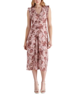 knee length dresses for ladies TALK ABOUT IT LOW V NECK RUCHED MIDI DRESS – AKIRA main image 1