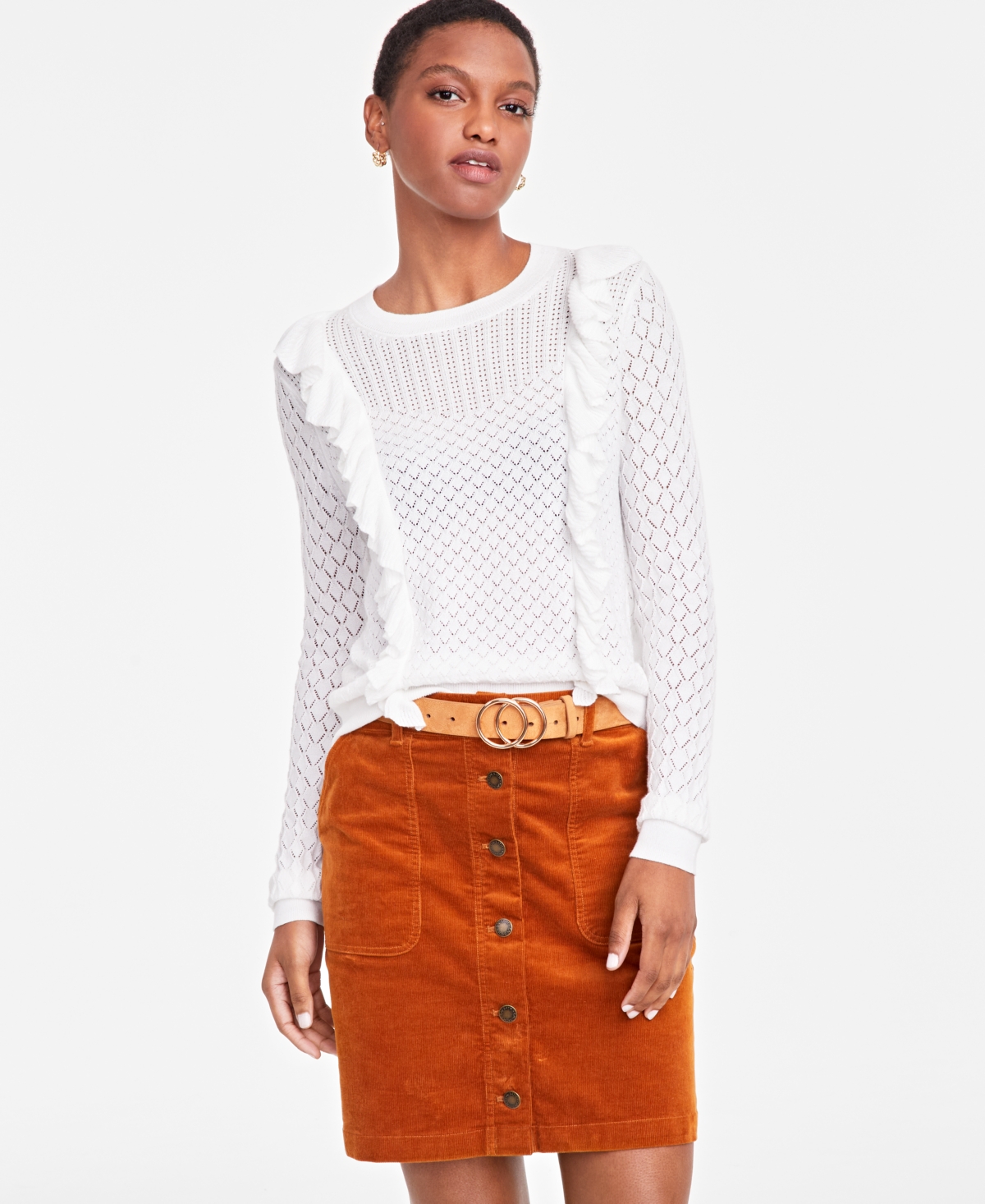 ON 34TH WOMEN'S POINTELLE RUFFLE-TRIM SWEATER, CREATED FOR MACY'S 