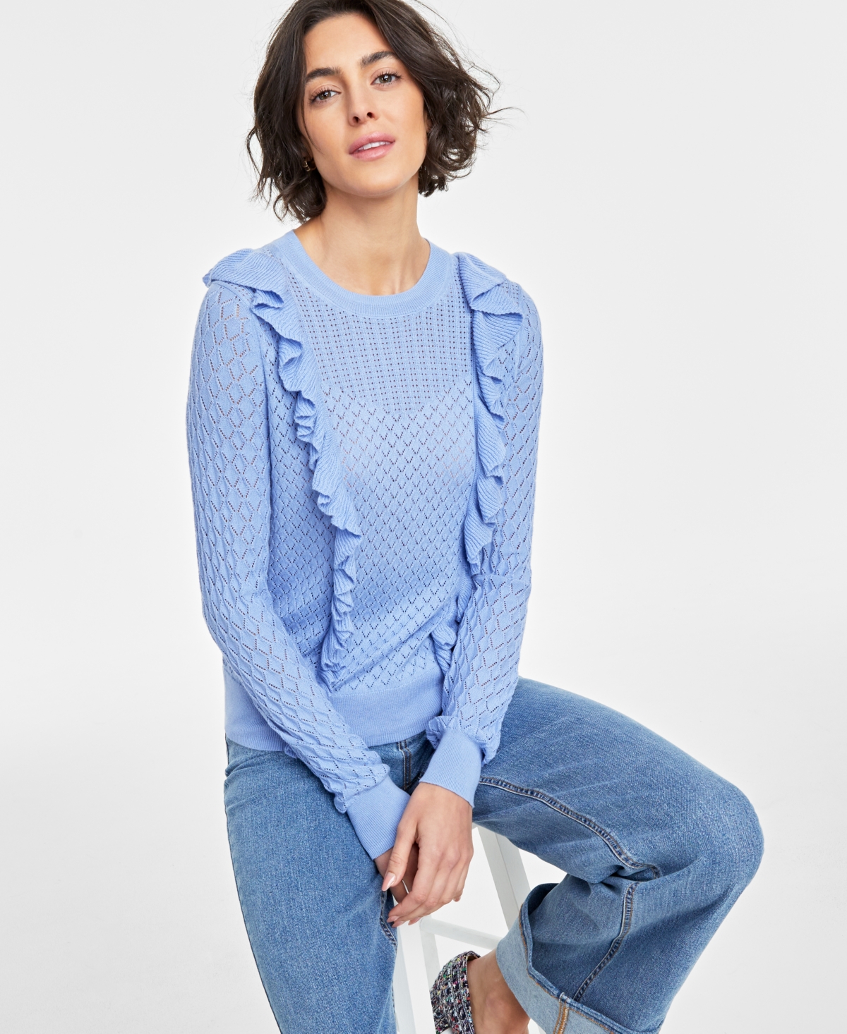 On 34th Women's Pointelle Ruffle-trim Sweater, Created For Macy's In Gentle Blue