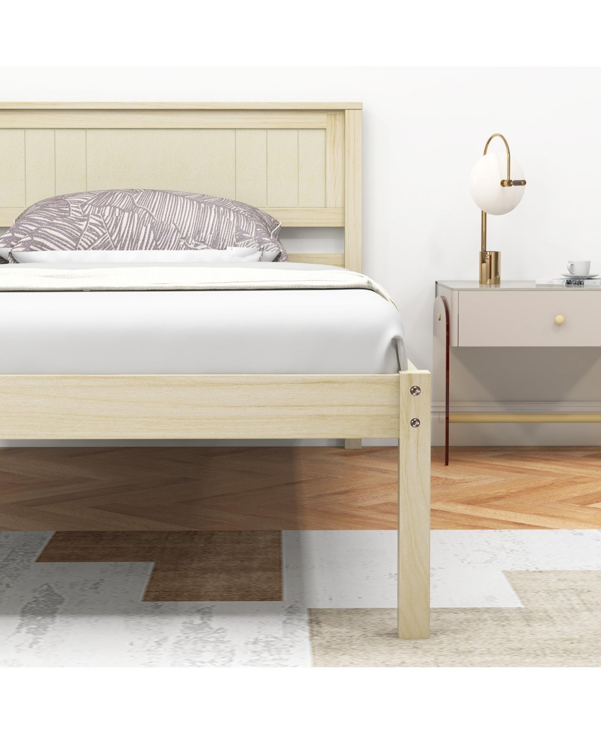Sugift Size Wooden Bed Frame with Headboard and Slat Support