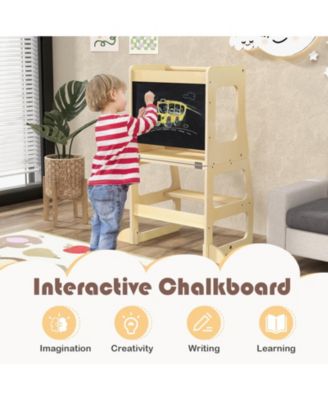 3-in-1 Foldable Kitchen Standing Tower for Toddlers with Chalkboard-Natural