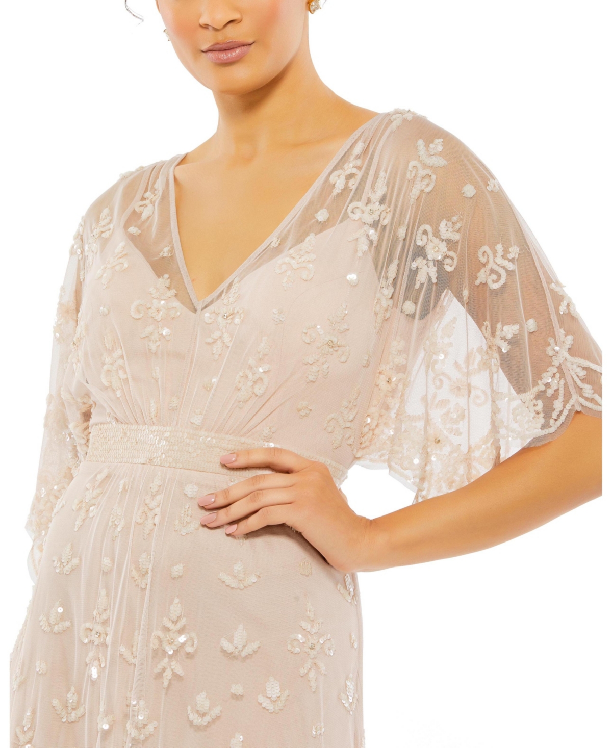 Mac Duggal Women's V Neck Flounce Sleeve Embellished Mesh Gown