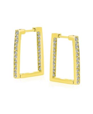 Geometric Rectangle Square Inside Out Channel Set CZ Large Hoop Earrings Of Cubic Zirconia Gold Plated Sterling Silver