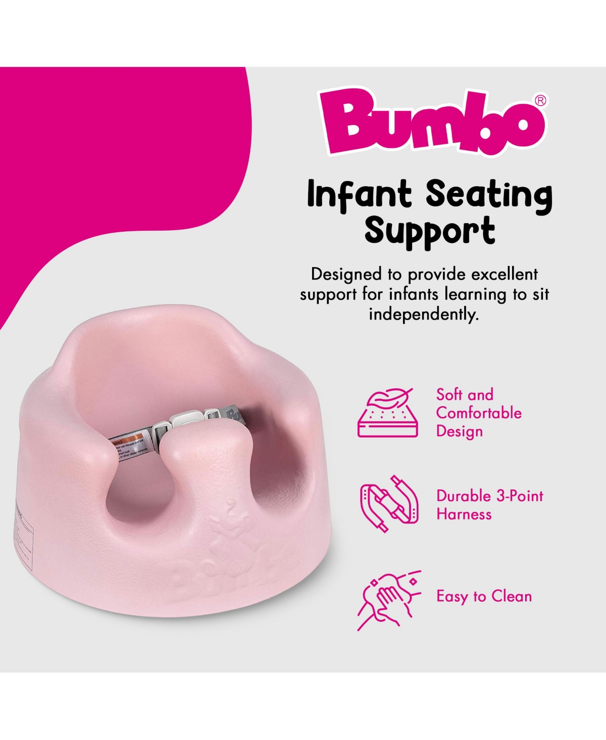 Bumbo Infant Floor Seat Baby Sit Up Chair with Adjustable Harness,- Cradle pink