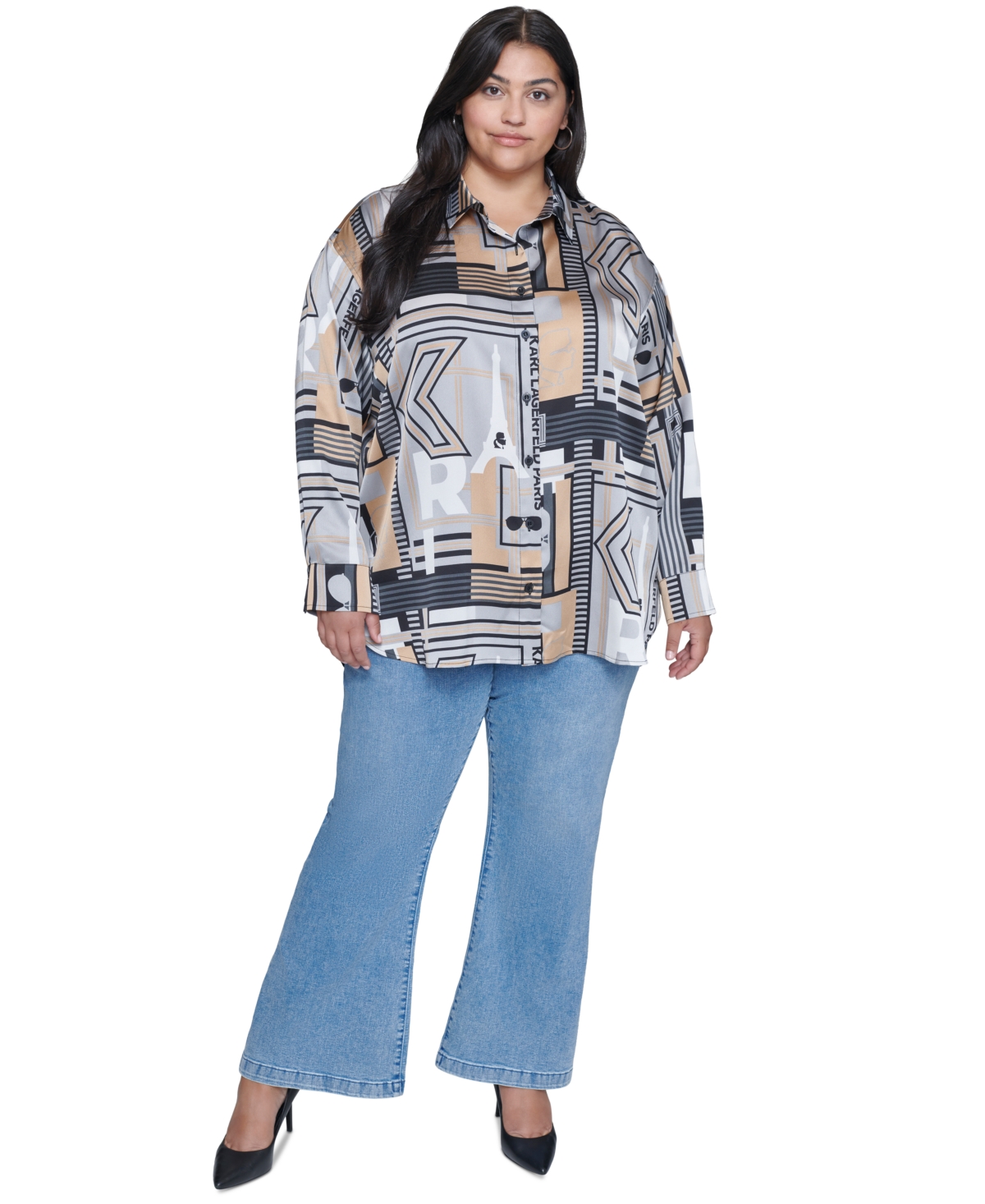 Karl Lagerfeld Paris Plus Size Printed Button-Front Long-Sleeve Blouse, Created for Macy's