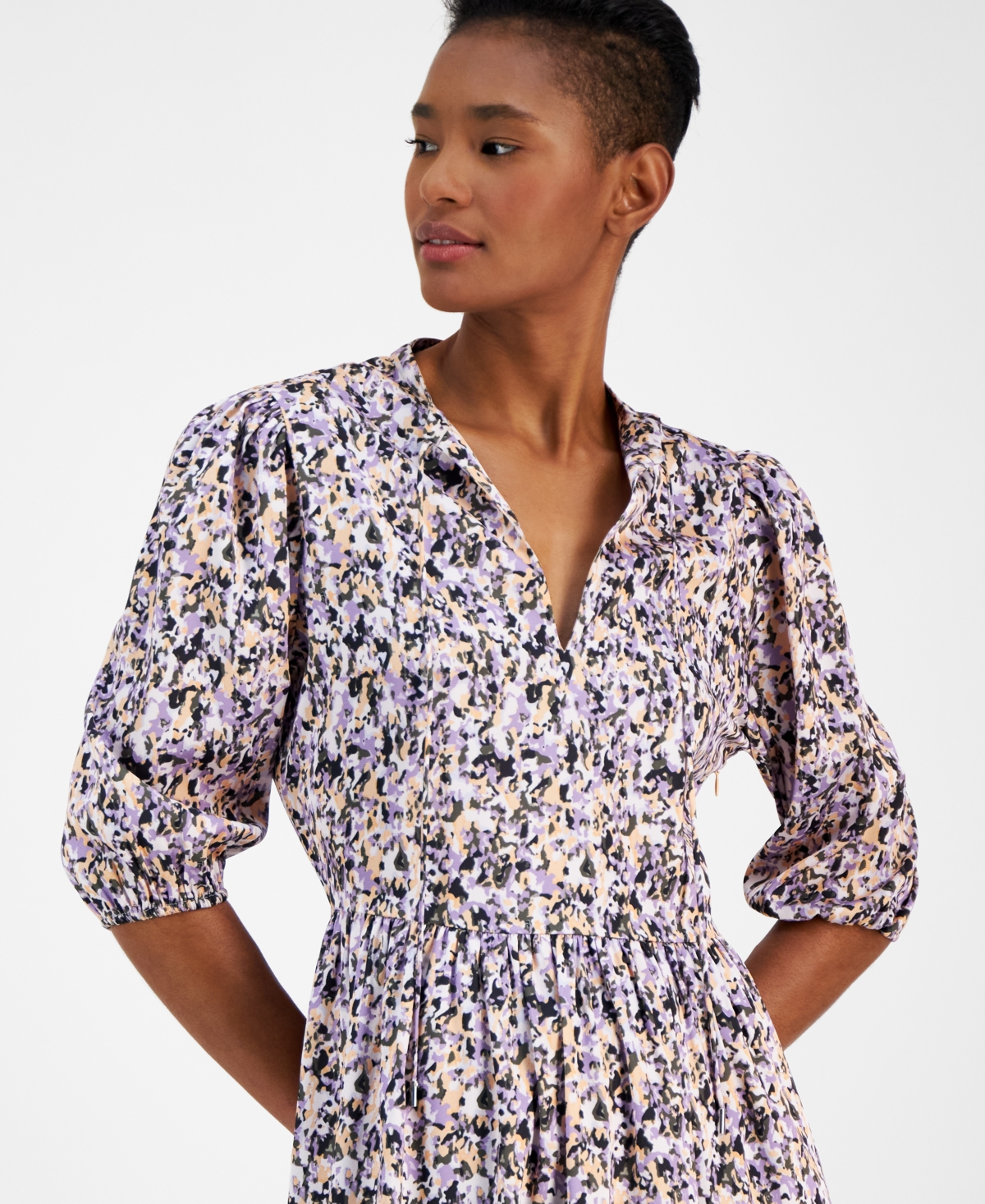 Hugo Boss Cropped-sleeve Dress In Hammered Satin With Seasonal Print In Multi