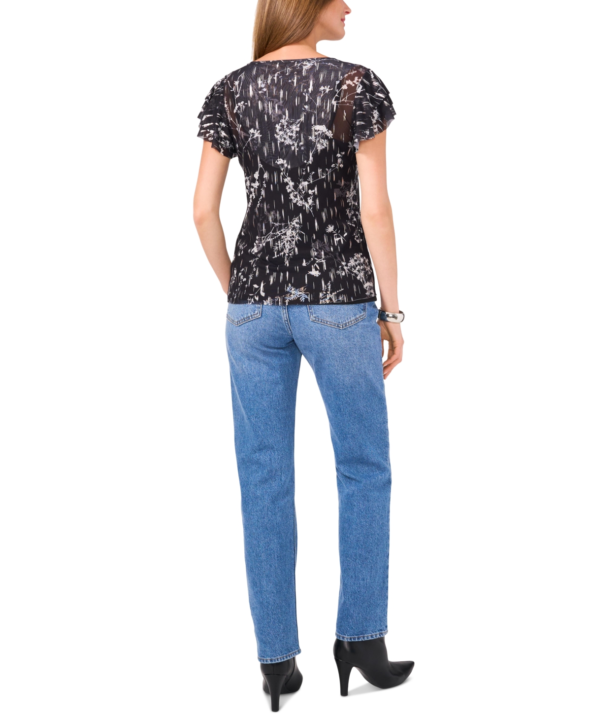 Vince Camuto Women's Printed Ruffle-Sleeve Mesh Top