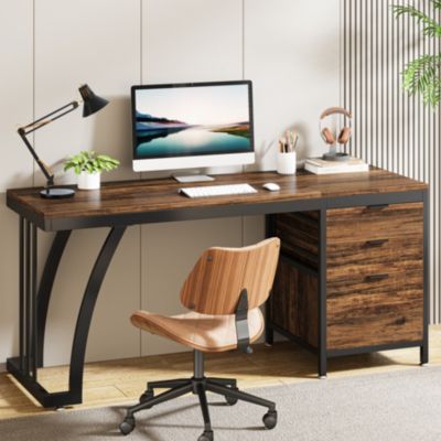 59-Inch Wood Industrial Desk with 3 Drawers – Home Office PC Workstation & Study Writing Table with File Storage