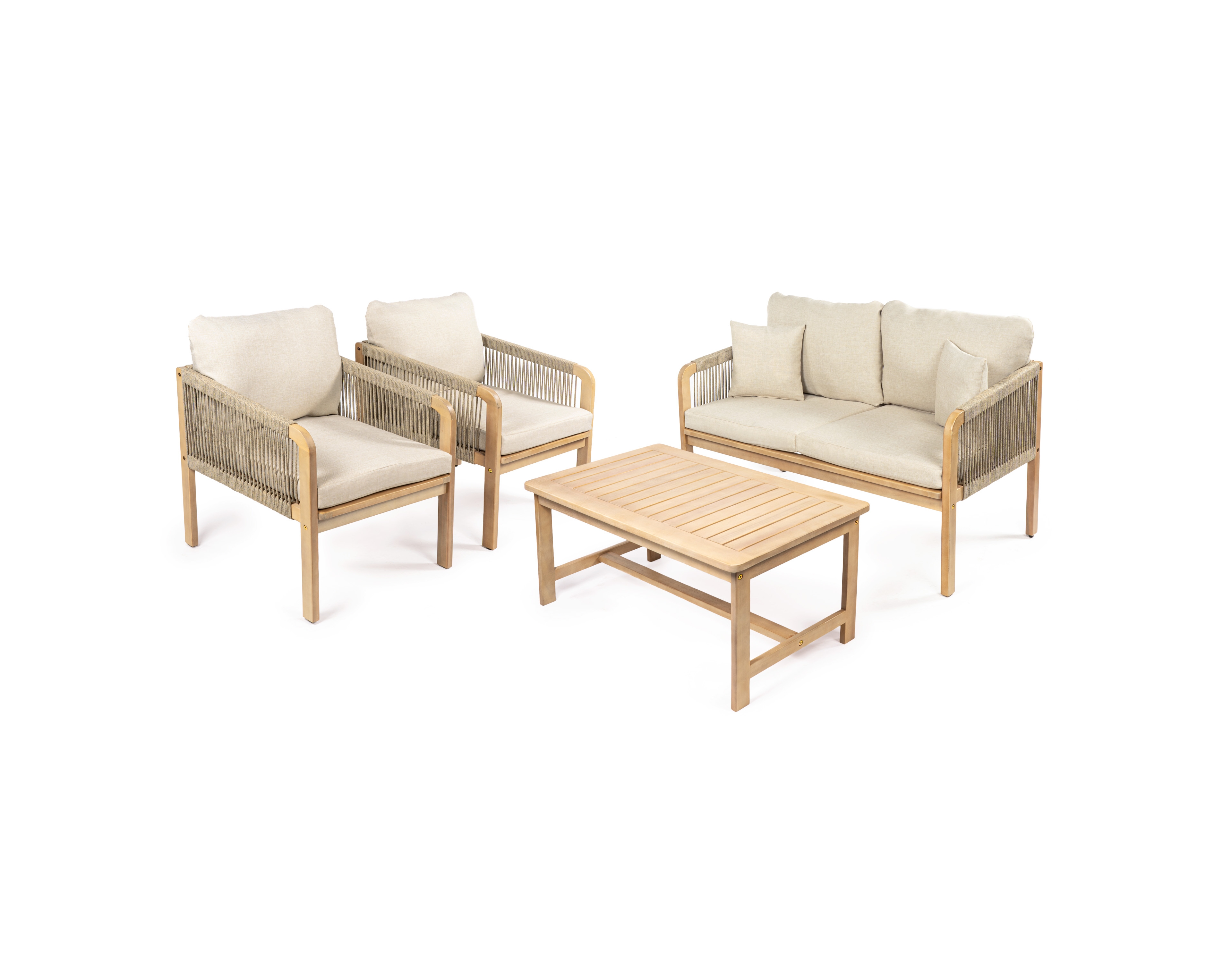 Jonathan Y Tavira 4-Piece Modern Bohemian Acacia Wood Outdoor Patio Set with Cushions and Plain Decorative Pillows, Beige/Light Teak