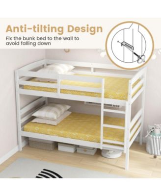 Solid Wood Twin Over Twin Bunk Bed Frame with High Guardrails and Integrated Ladder