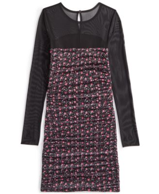 Big Girls Long-Sleeve Printed Mesh Combo Dress