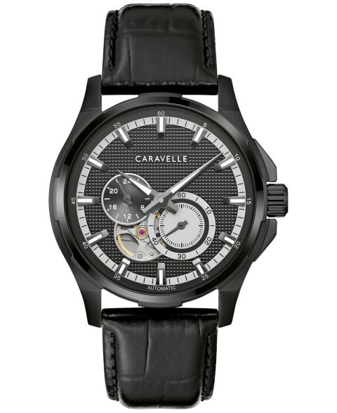 Мужские часы Caravelle Automatic Black Leather Strap Watch 42mm