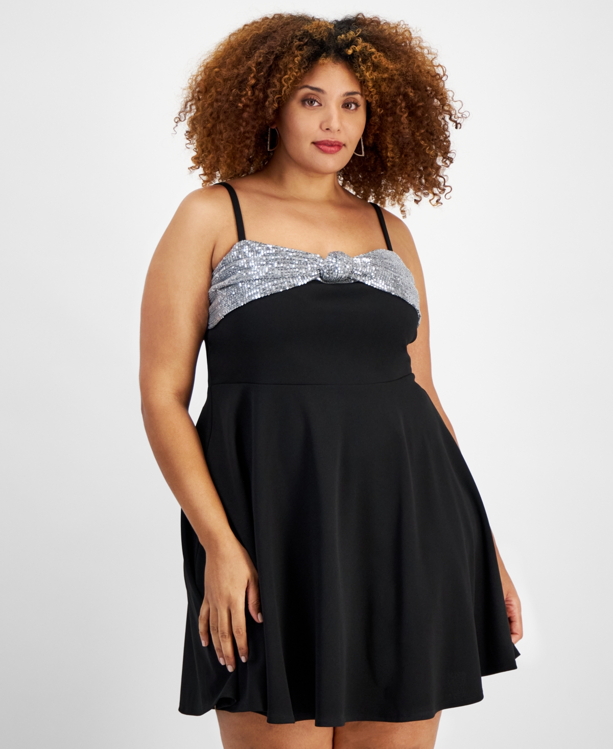 City Studios Trendy Plus Size Sequined Knot-Front Fit & Flare Dress -blk