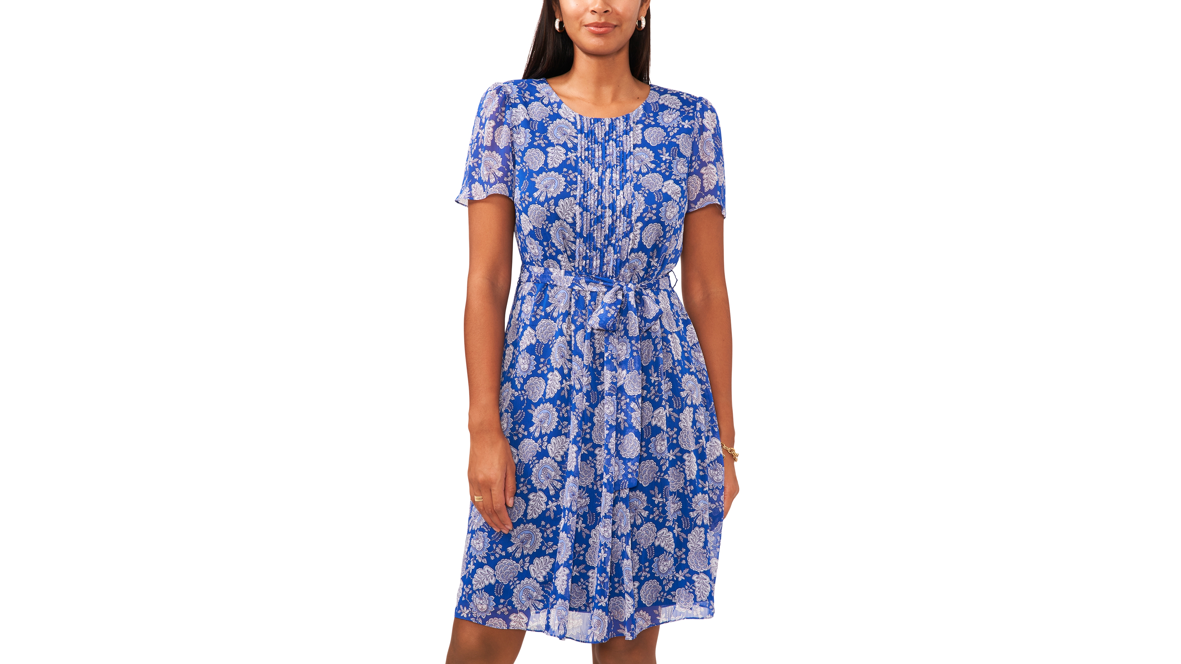 CeCe Women's Short-Sleeve Pleated Tie-Waist Dress