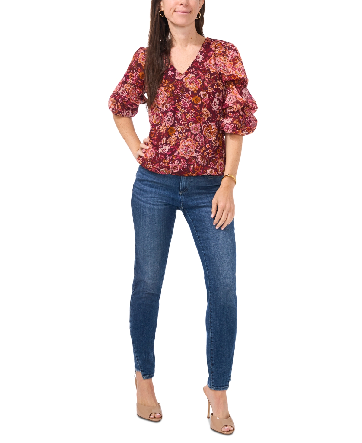 Sam & Jess Petite Paisley-Print Lantern-Sleeve Top