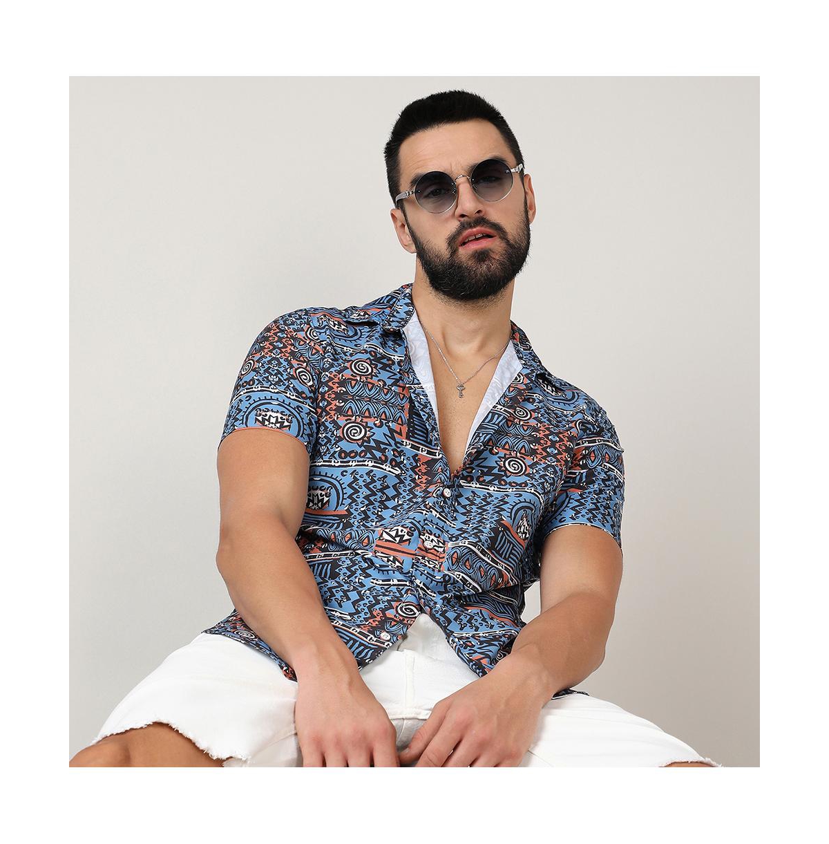 Campus Sutra Men's IcyArtistic Bohemian Shirt - Blue