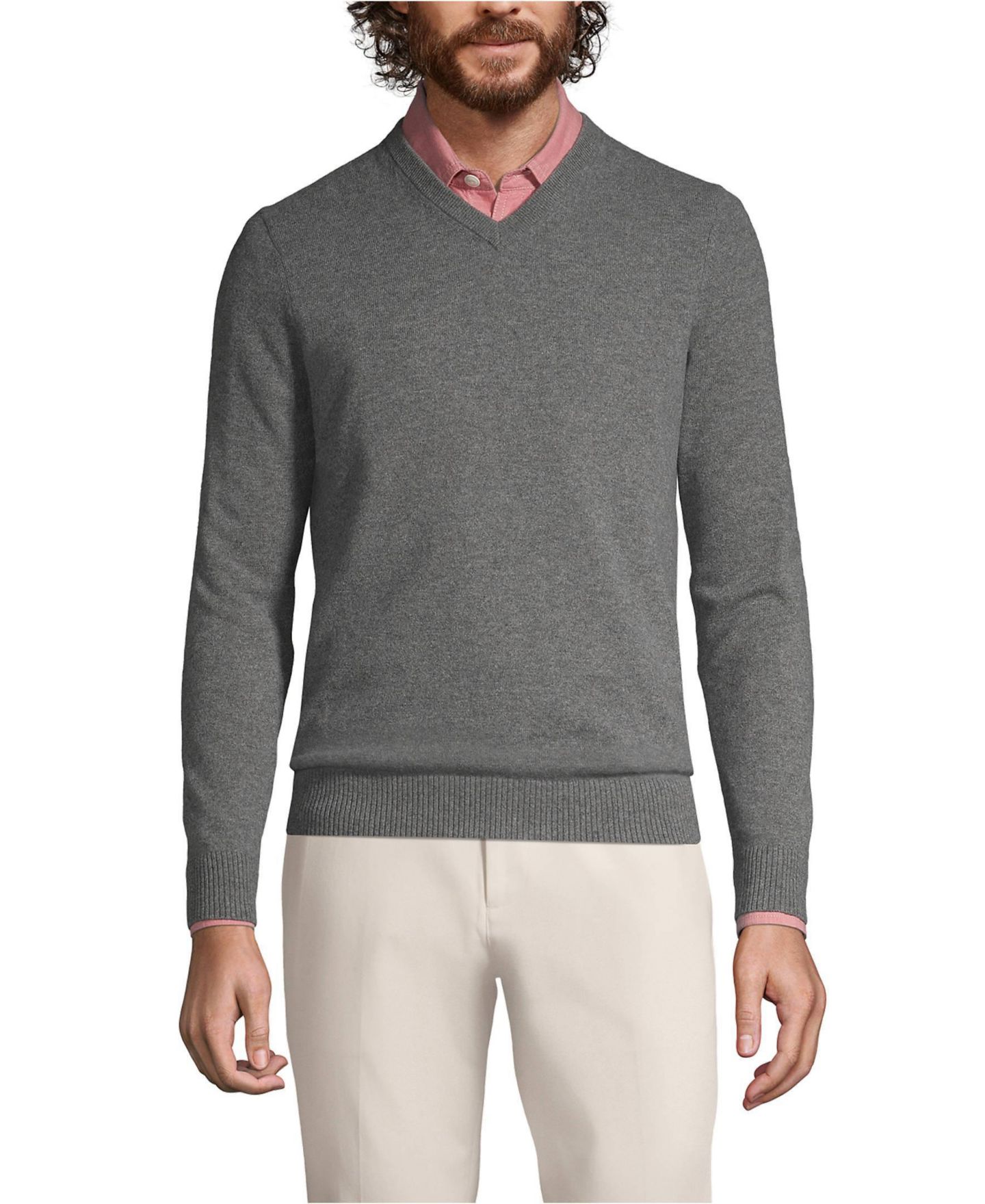 Мужской свитер Lands' End Fine Gauge Cashmere V-neck, цвет: Угольный меланжевый — фото 1