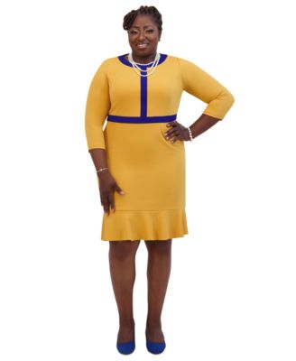 Women's Ruffled-Hem 3/4-Sleeve Contrast-Trim Dress