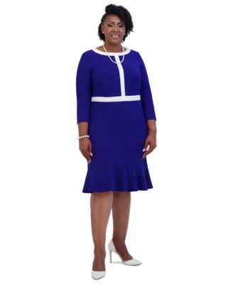 Women's Ruffled-Hem 3/4-Sleeve Contrast-Trim Dress