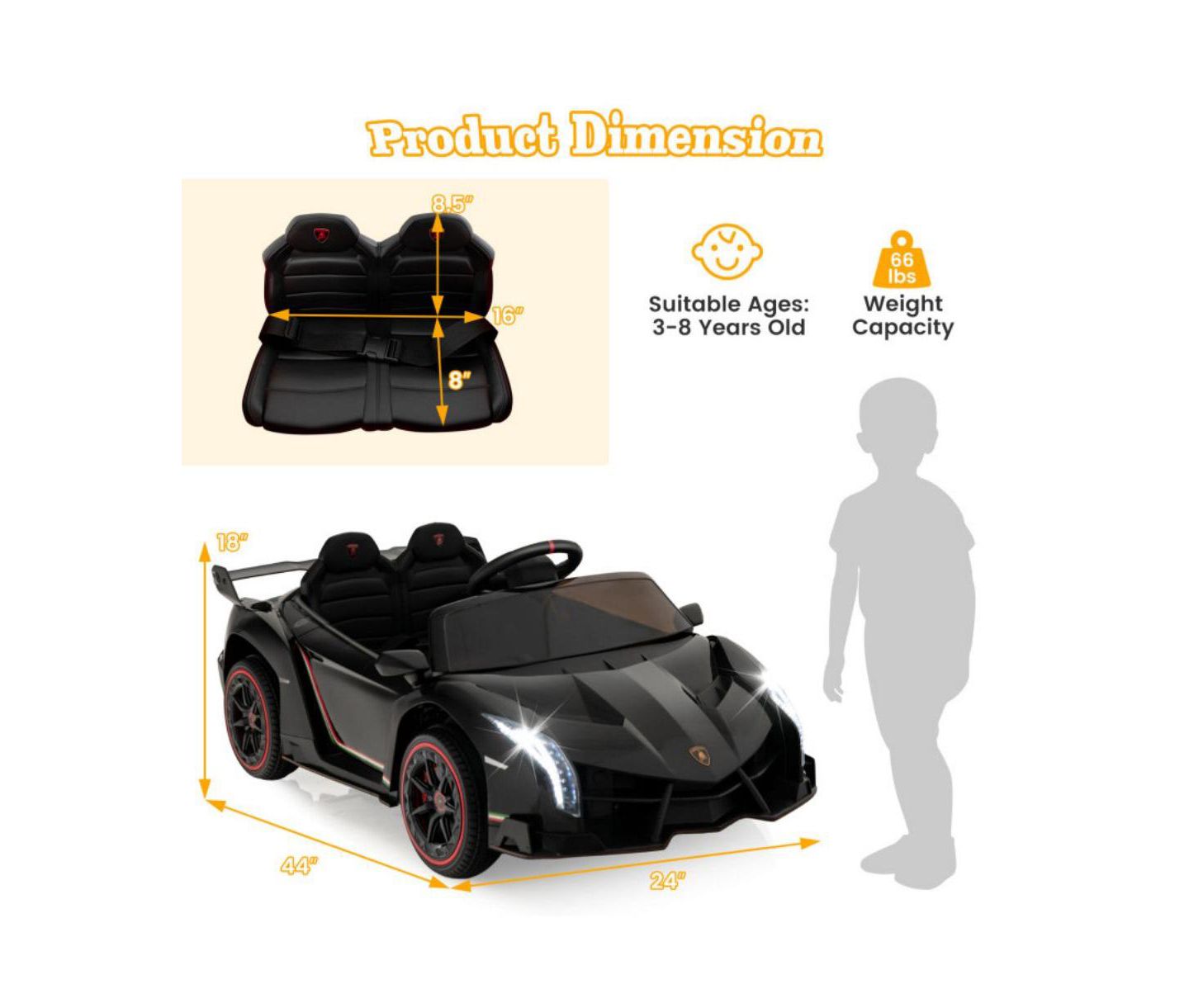 Детская игрушка VEBREDA 12V Licensed Lamborghini 4WD Kids Ride-on Sports Car with 2.4G Remote, цвет: Чёрный — фото 8
