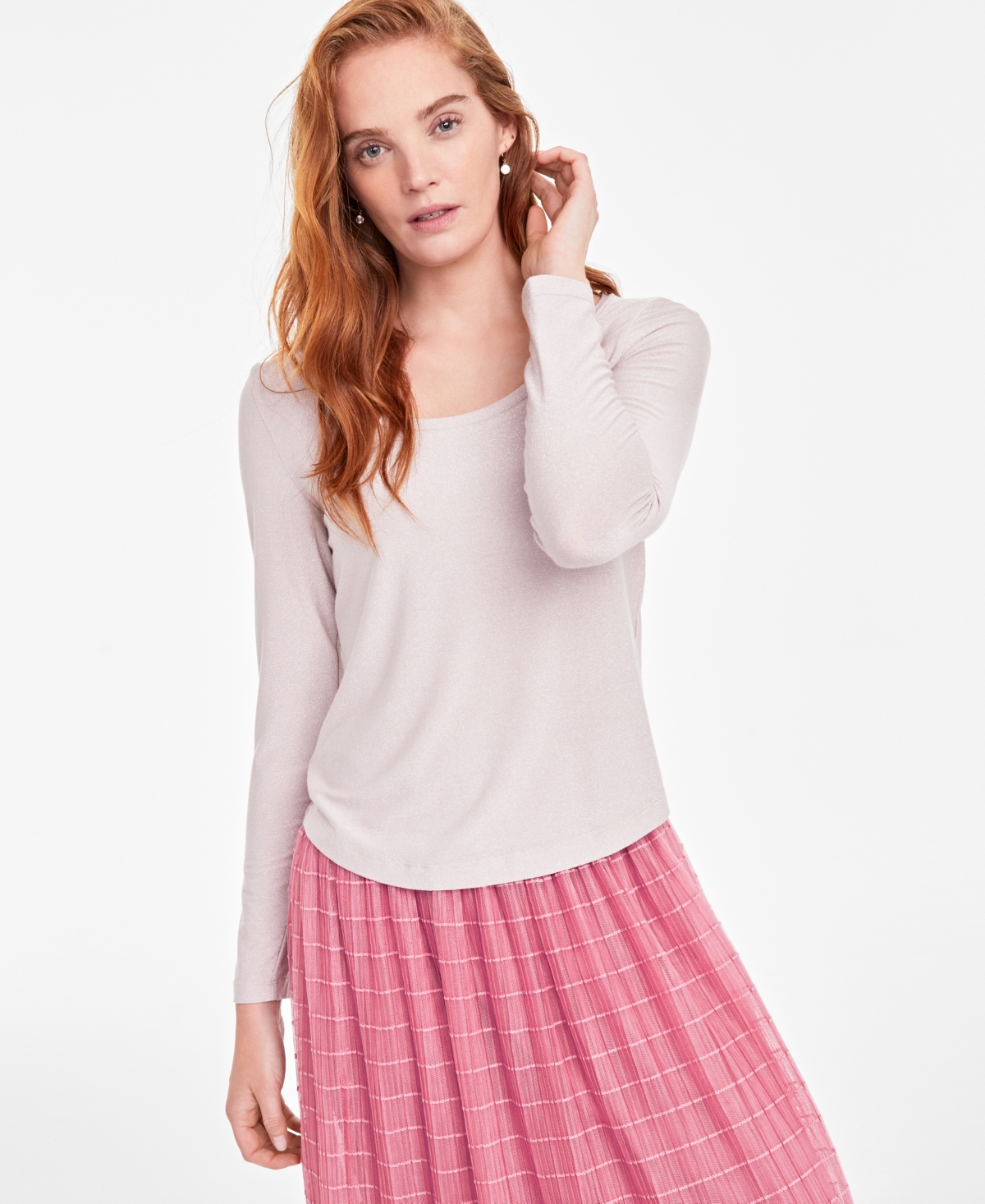 Women's Scoop-Neck Metallic-Knit Long-Sleeve Top, Created for Macy's - Pale Pink