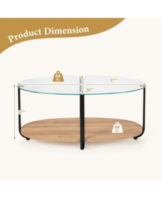 2-Tier Glass-Top Oval Coffee Table with Wooden Shelf for Living Room