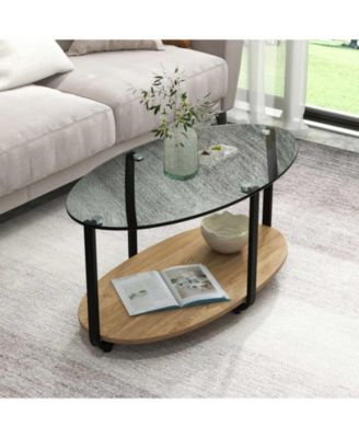 2-Tier Glass-Top Oval Coffee Table with Wooden Shelf for Living Room