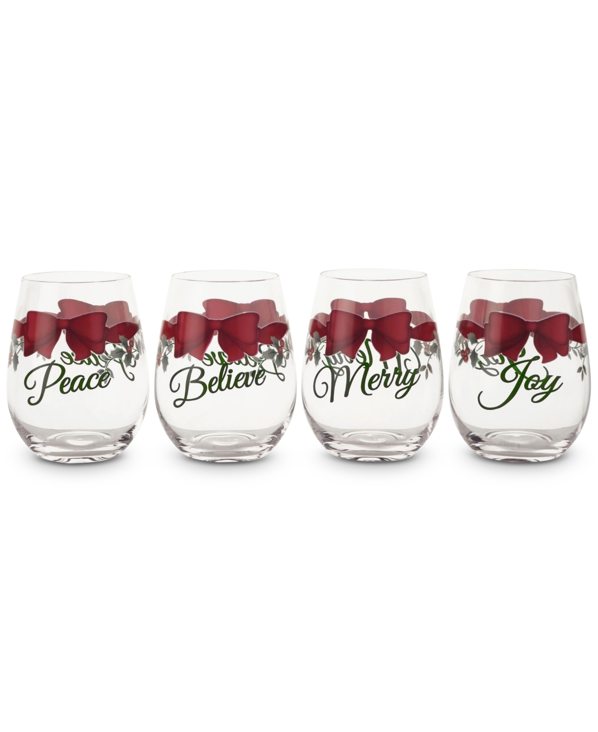 Winterberry Red Ribbon Stemless Wine Glasses, Set Of 4 In Assorted