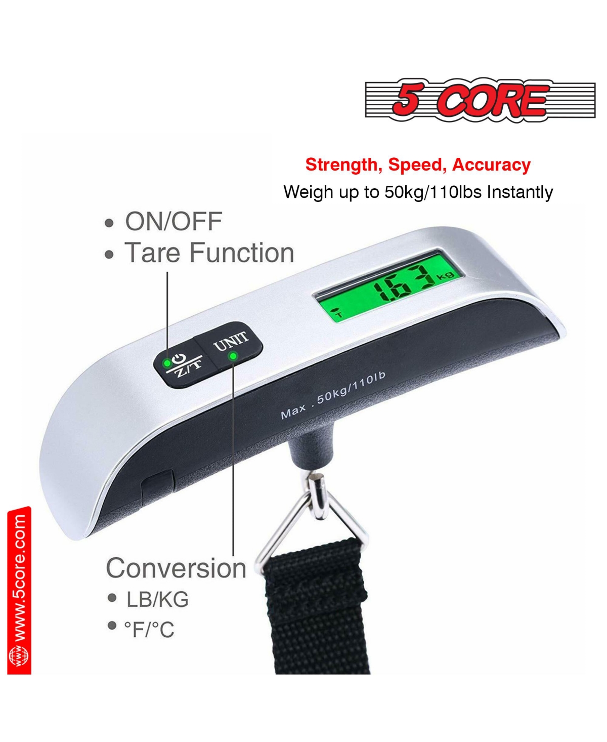 5 Core Luggage Scale 110lbs Capacity Digital Travel Weight Scale • Hanging Baggage Weighing Machine Lss-004