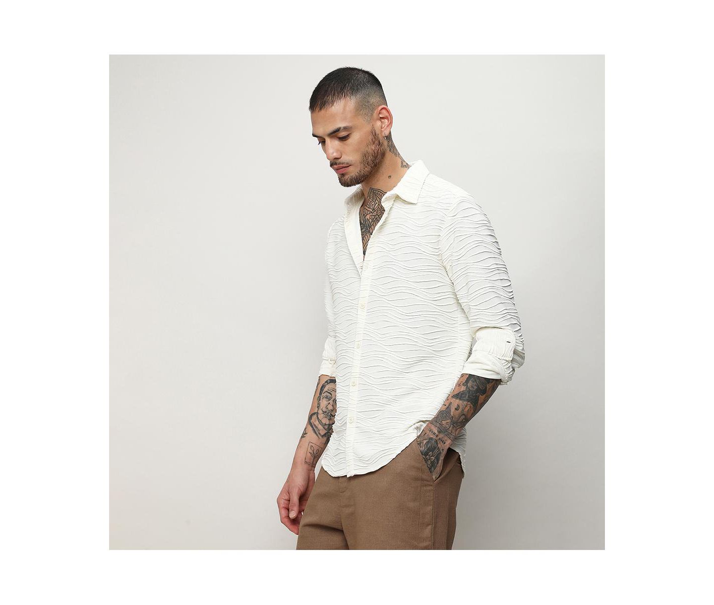 Мужская рубашка Cahoot Ivory White Self-Design Wave, цвет: Белый — фото 4