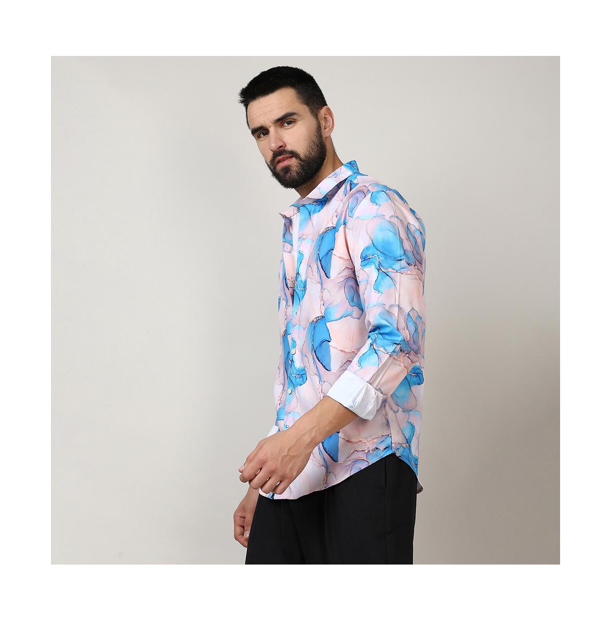 Campus Sutra Men's Sky Blue & IvoryMarble Shirt - White