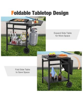 Movable Outdoor Grill Cart with Folding Tabletop and Hooks