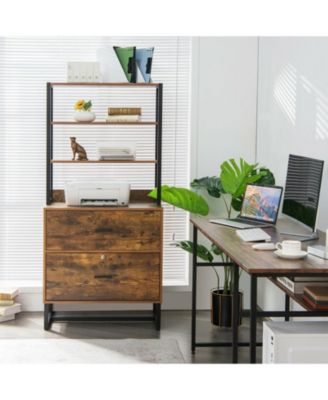 Letter Size Lateral File Cabinet with Lock and Bookshelf-Rustic